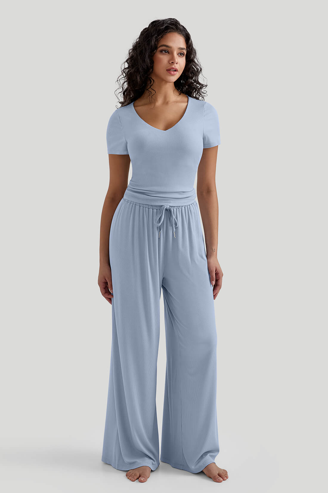 V-neck Casual Set With Wide Leg Pants