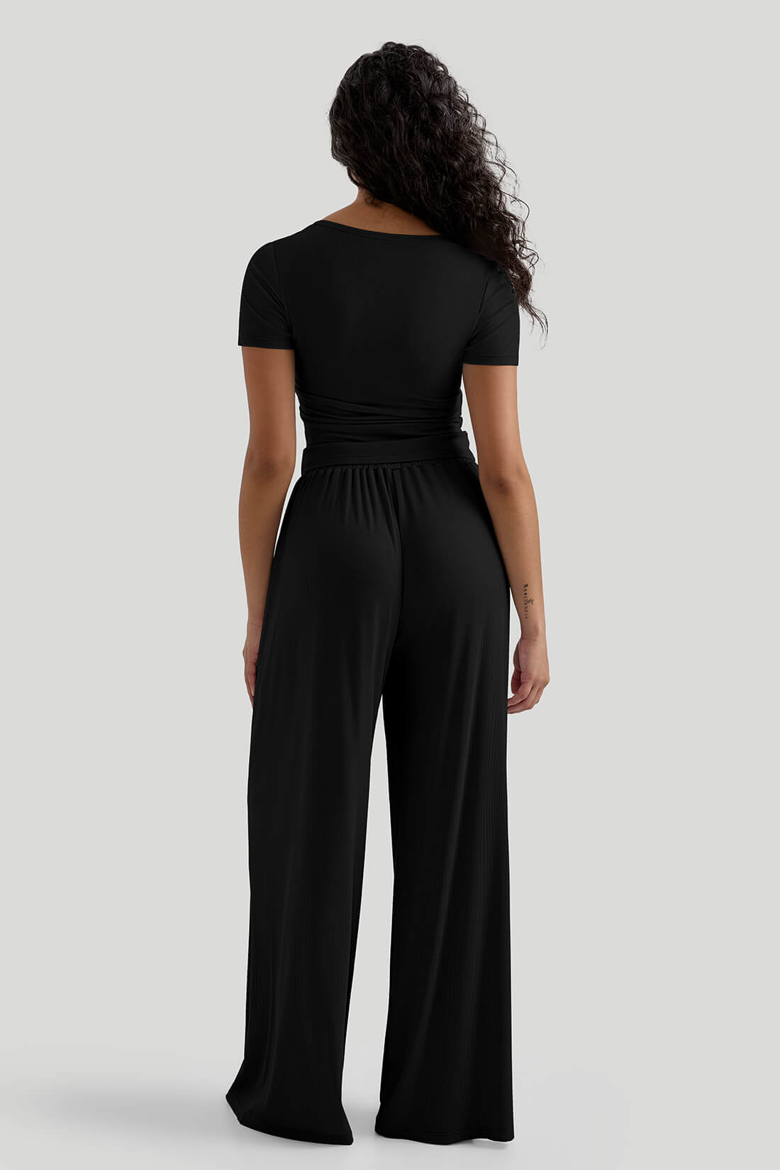 V-neck Casual Set With Wide Leg Pants