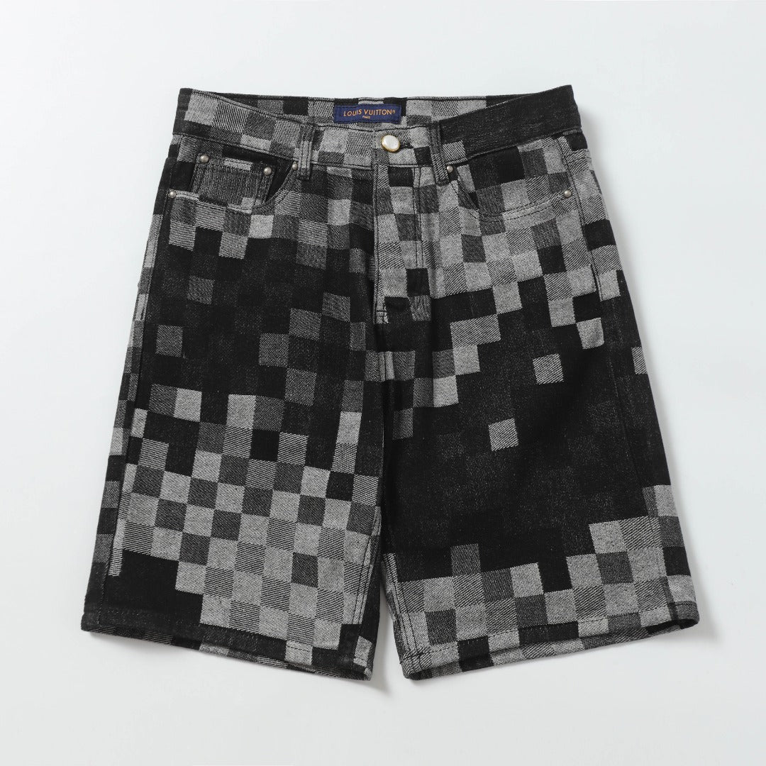 250404New high-quality black checkered denim shorts