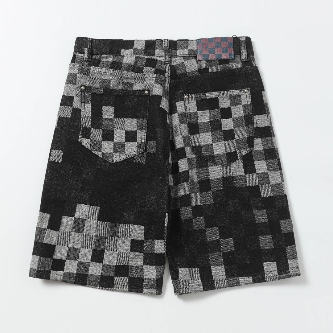 250404New high-quality black checkered denim shorts
