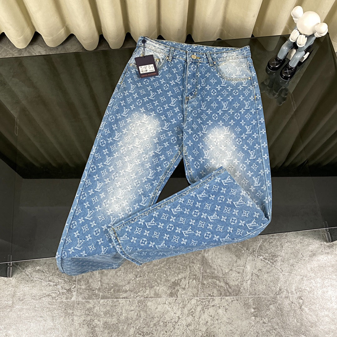 250408 New high-quality classic washed blue embossed jacquard jeans