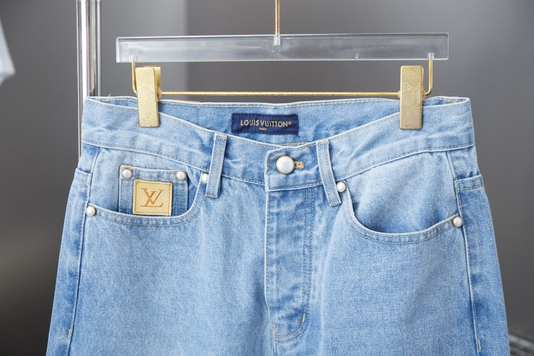 250513 New zippered embroidered letter denim trousers