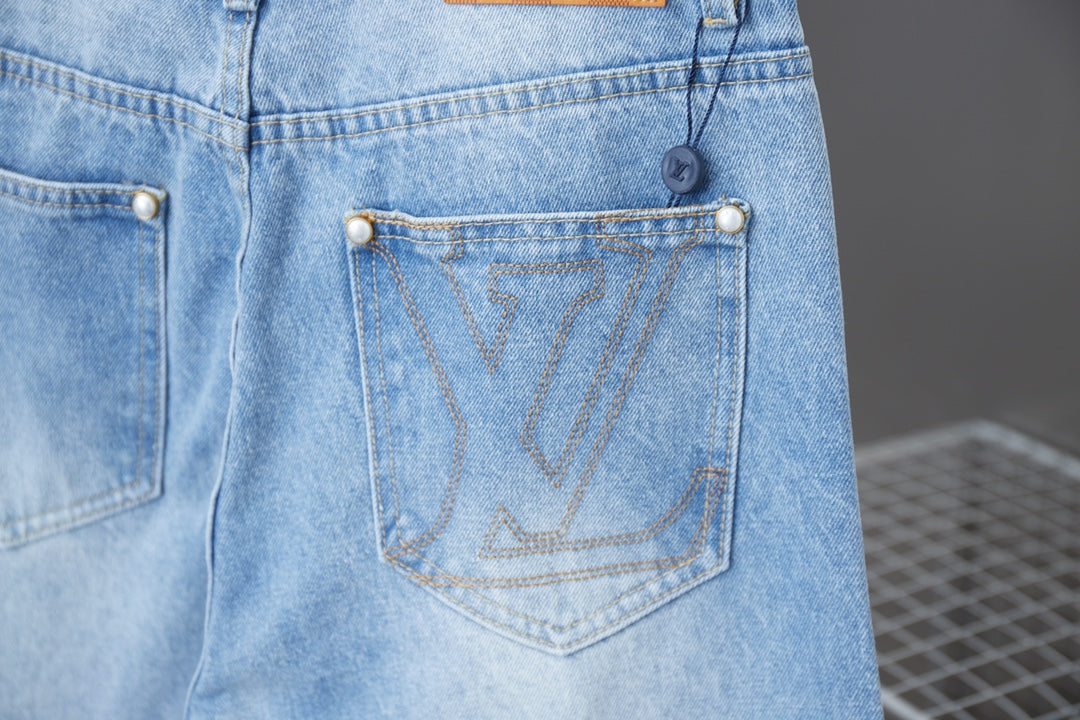 250513 New zippered embroidered letter denim trousers