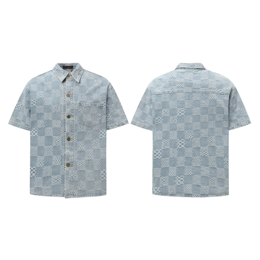 250520 New limited edition checkered patchwork washed blue denim set