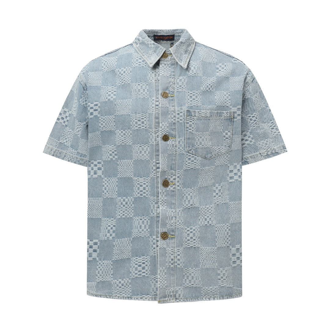 250520 New limited edition checkered patchwork washed blue denim set