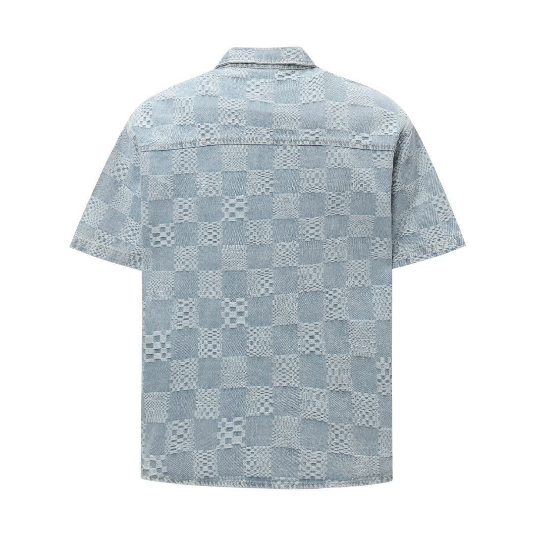 250520 New limited edition checkered patchwork washed blue denim set