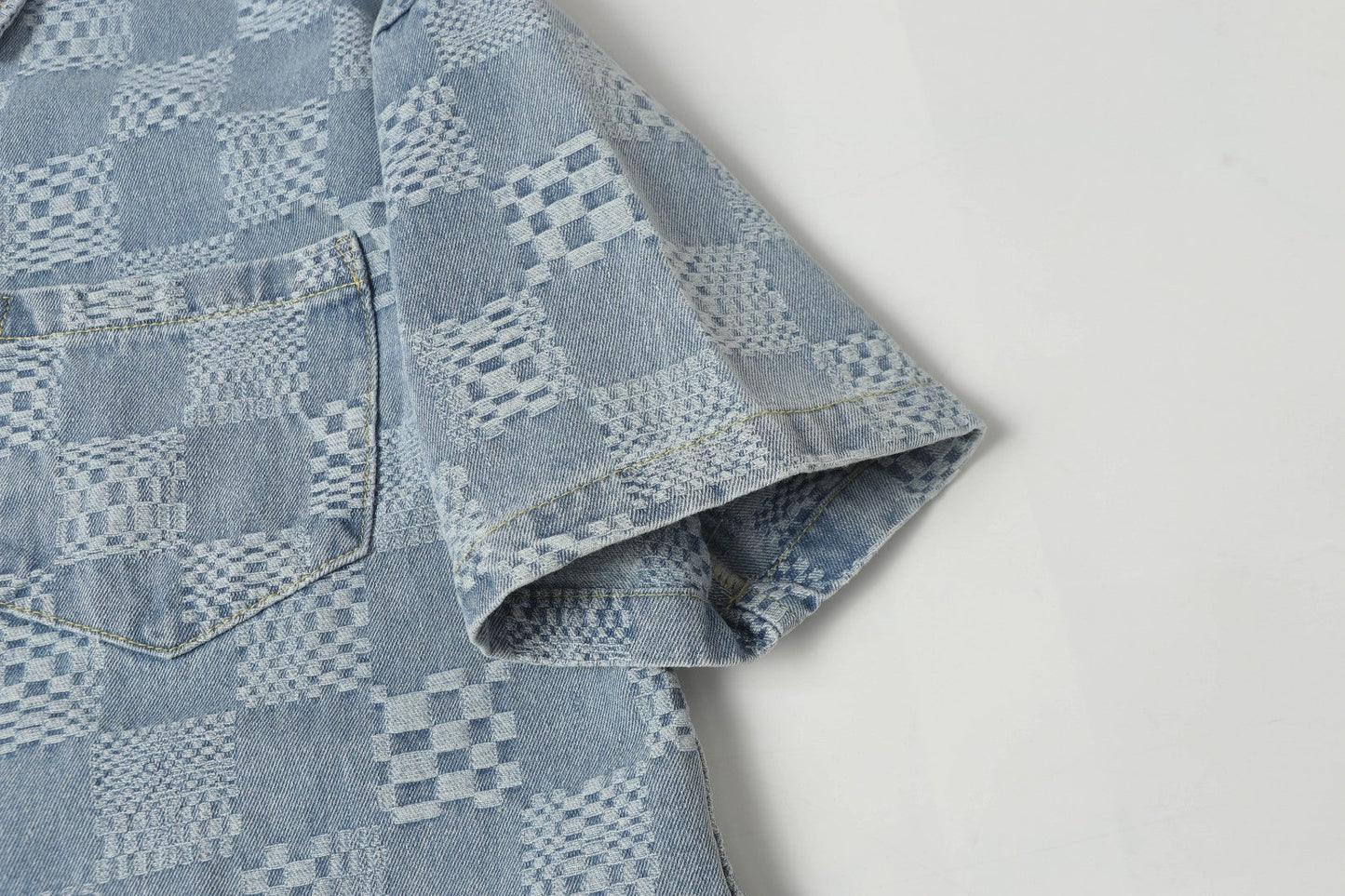 250520 New limited edition checkered patchwork washed blue denim set