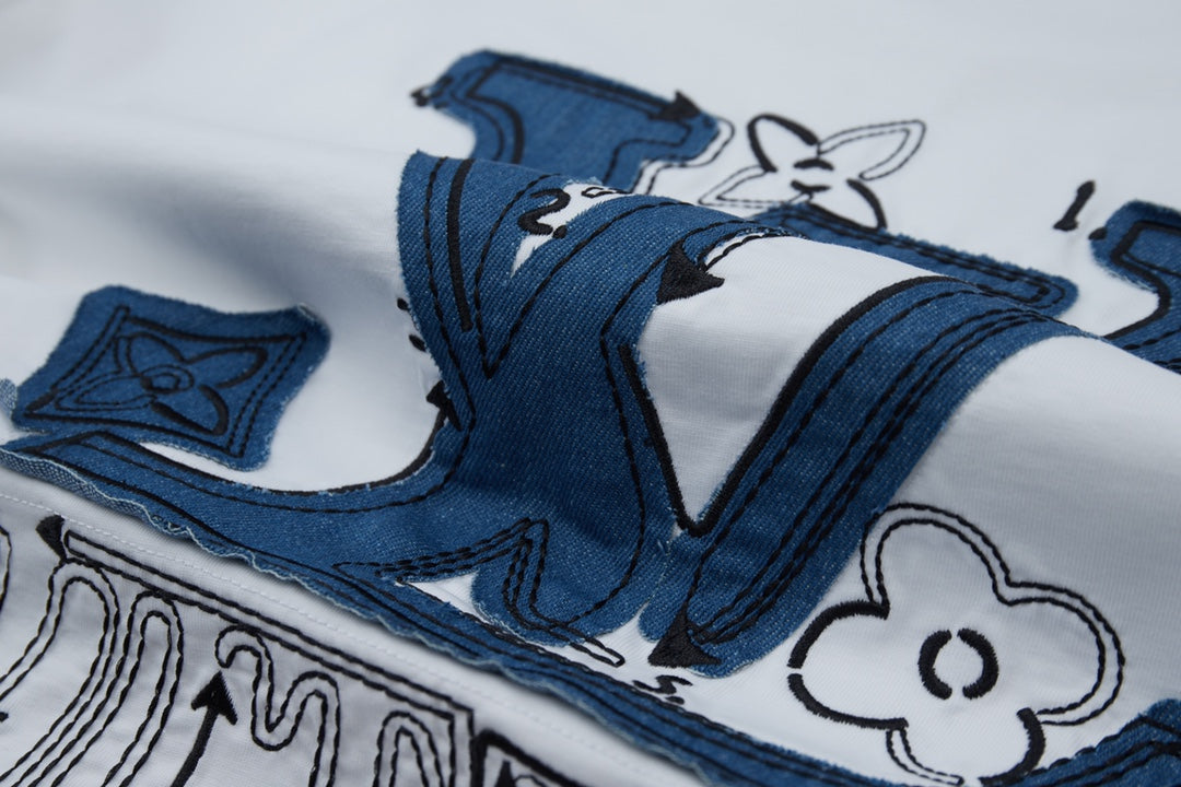 250527 New denim patchwork and embroidery T-shirt