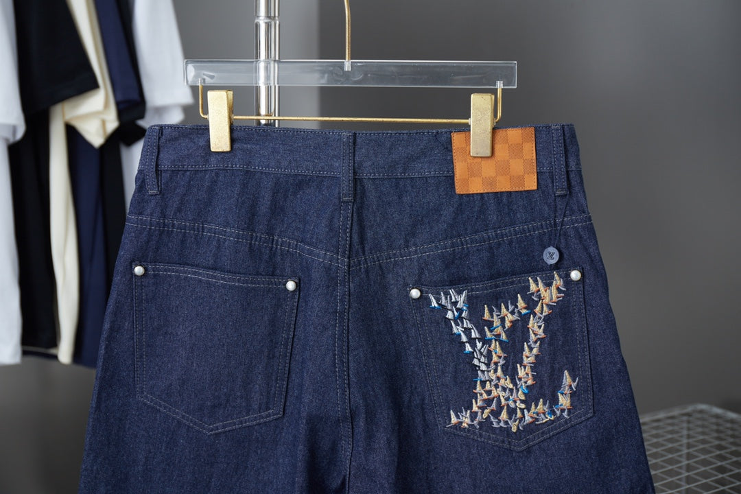 250604 New high-end letter-embroidered denim shorts