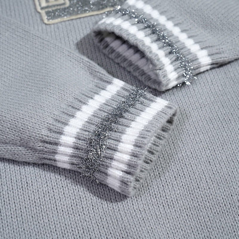 250729 New high-quality, shiny letter-pasted embroidered round-neck sweater