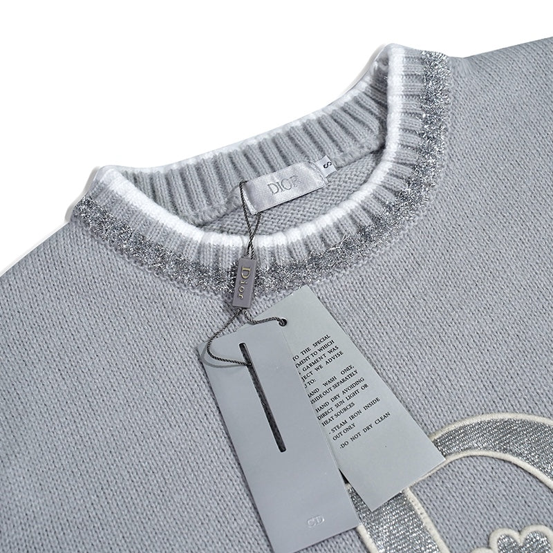 250729 New shiny letter-pasted embroidered round-neck sweater