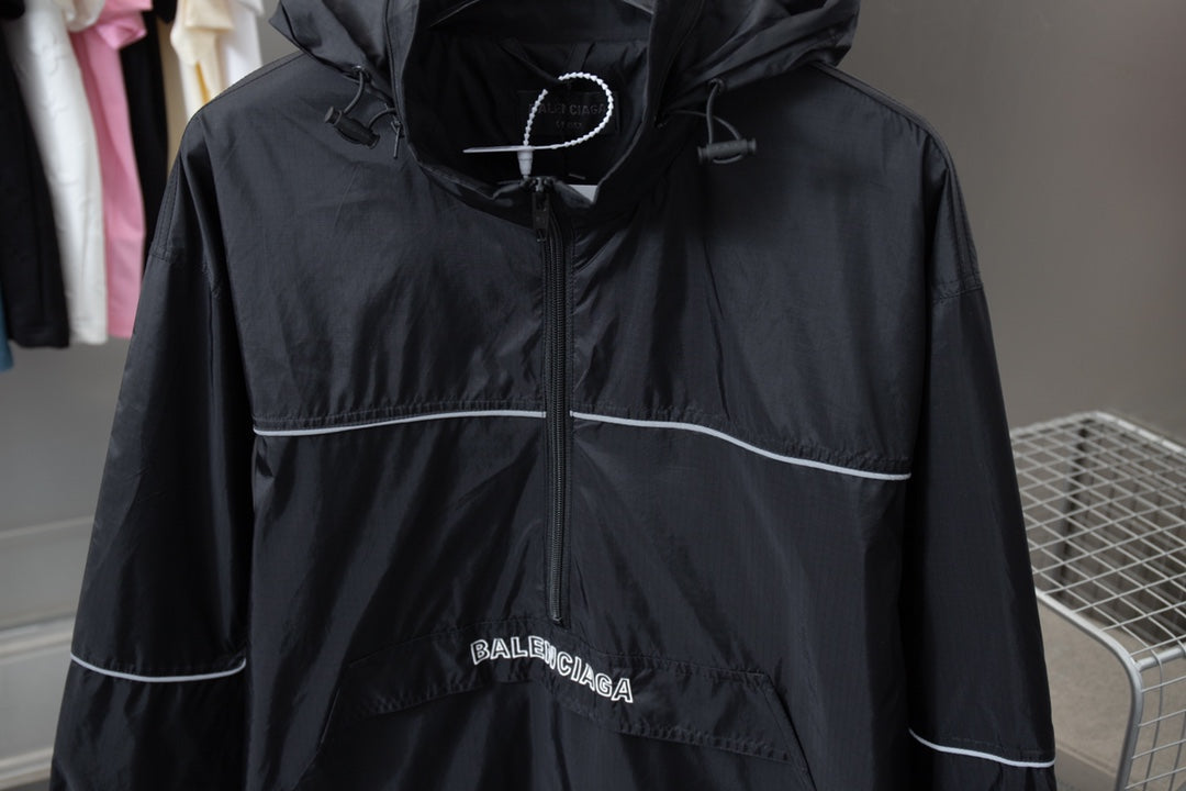 250808 New high-quality dark-checked reflective semi-zipper windbreaker jacket