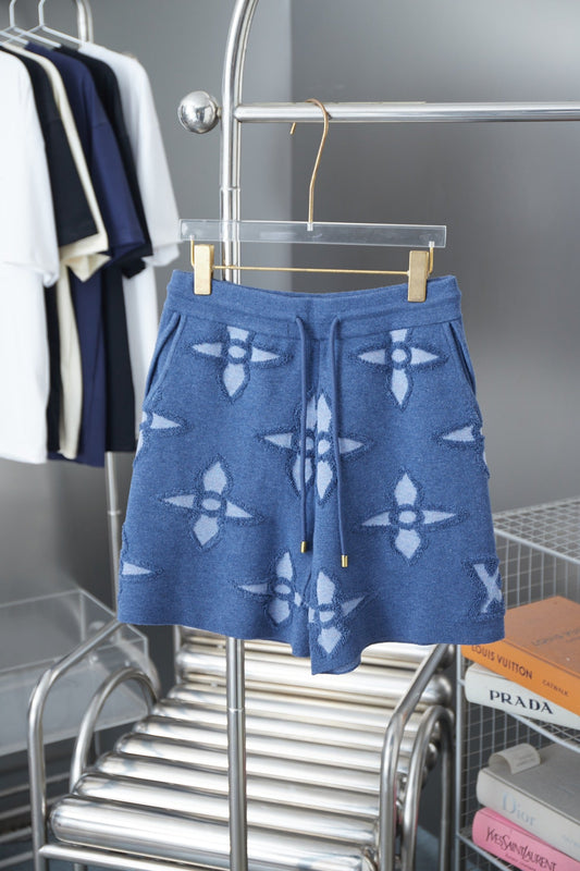 250902 New high-quality blue four-leaf clover letter sweater shorts