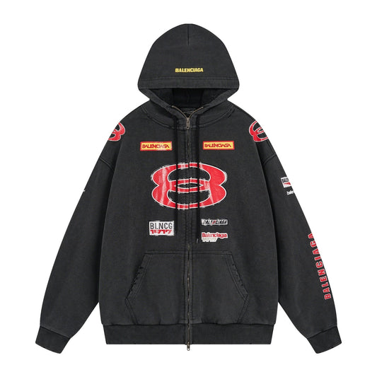 250930 new high-quality racing suit series of distressed and heavy-duty hooded sweatshirts