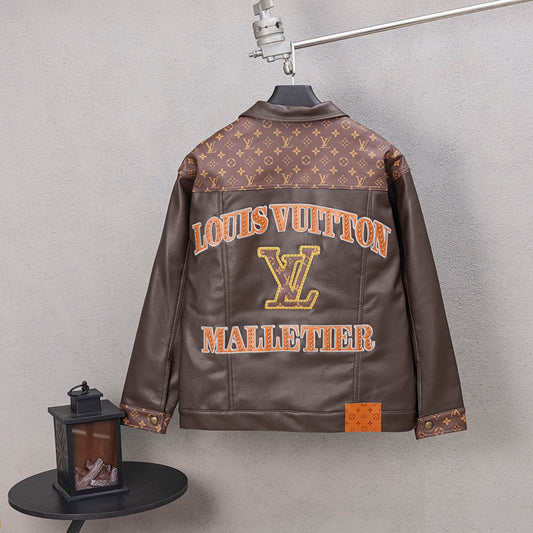 251008 new high-quality brown patchwork leather jacket