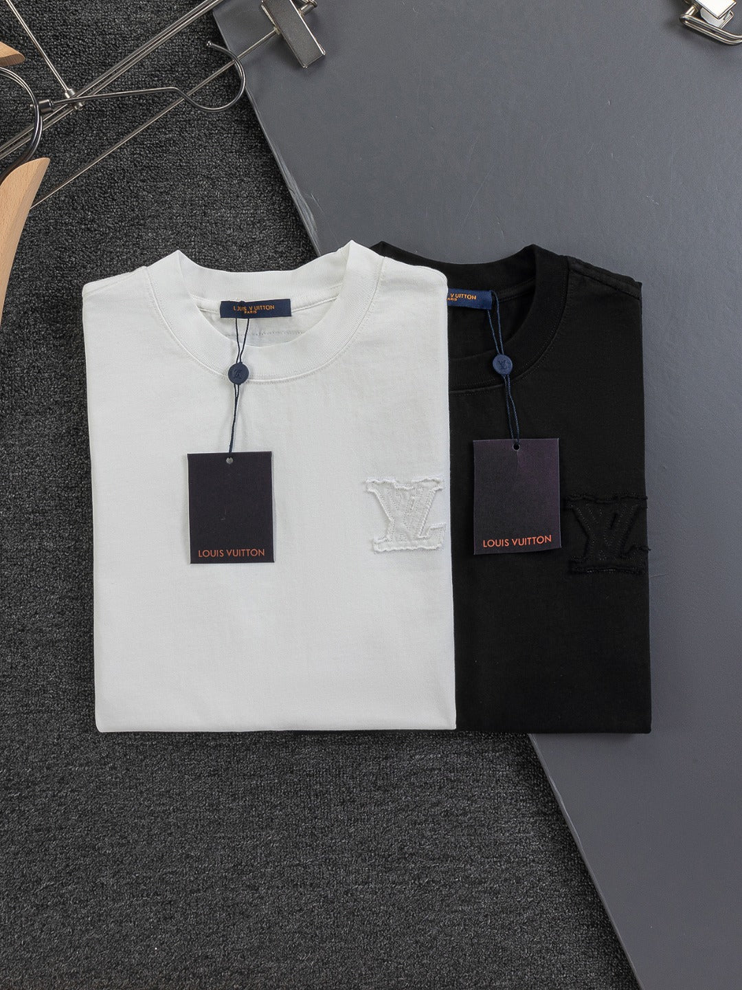 260113 New high-quality distressed same-color patchwork embroidered T-shirt