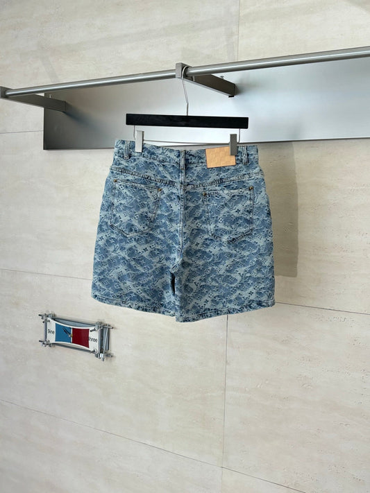 260120 New high-quality washed full-print jacquard denim shorts