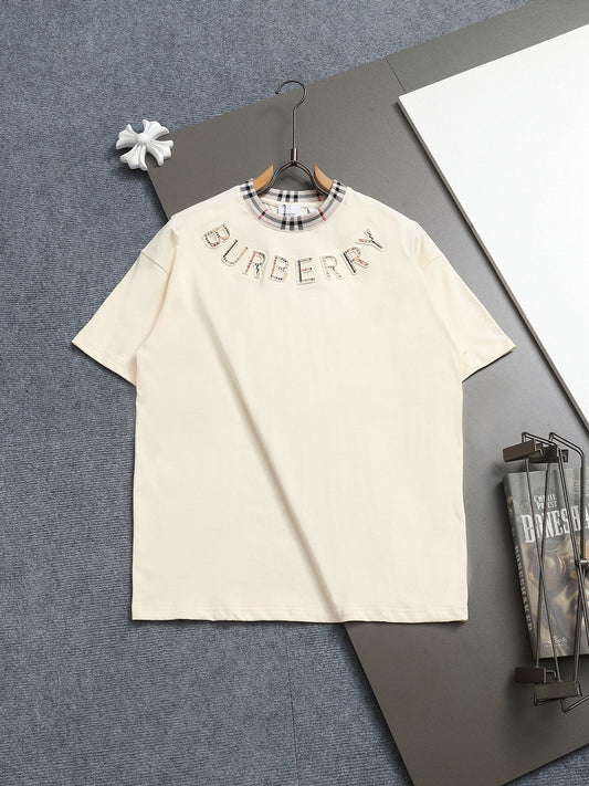 260415 New high-quality striped-neckline three-dimensional embroidered T-shirt