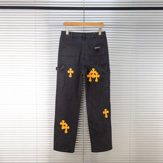 260421 New high-quality leather-stitched workwear washed denim pants