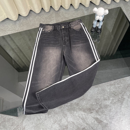 260506 New heavy-duty stitched striped wide-leg jeans