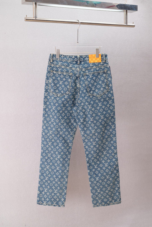 260730 New high-quality pure cotton pleated printed side-stripe denim pants