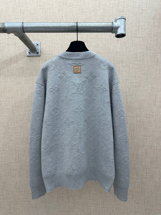 260808 New high-quality grey textured jacquard knitted pullover shirt