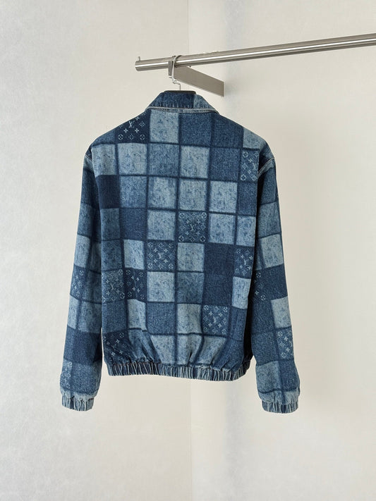 260901 New high-quality check-patterned patchwork denim zipper jacket coat