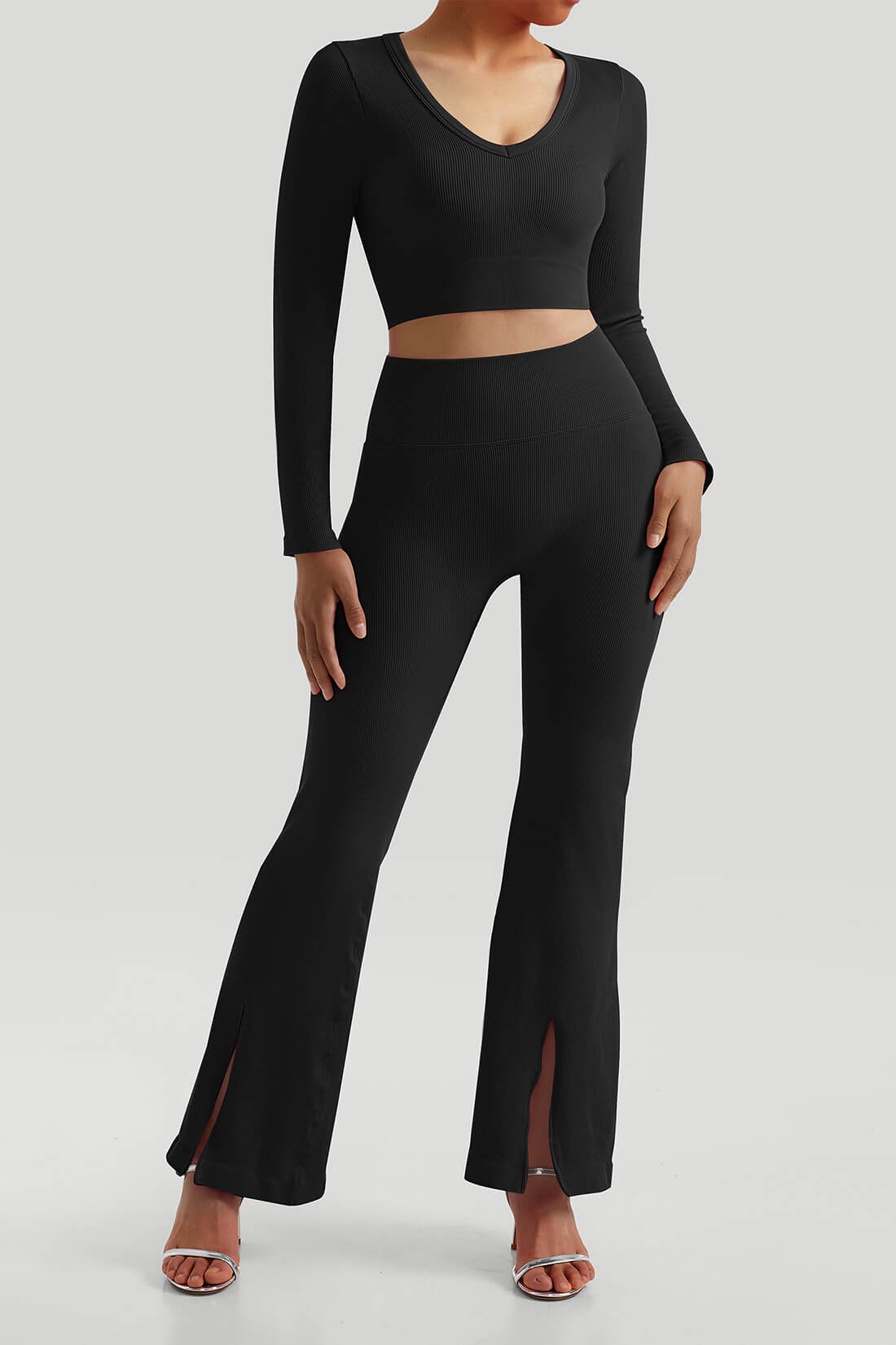 Threaded Long Sleeves Split Flare Pants Set