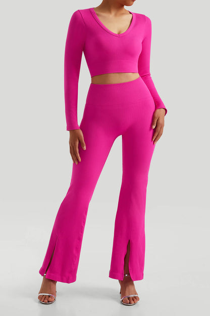 Threaded Long Sleeves Split Flare Pants Set