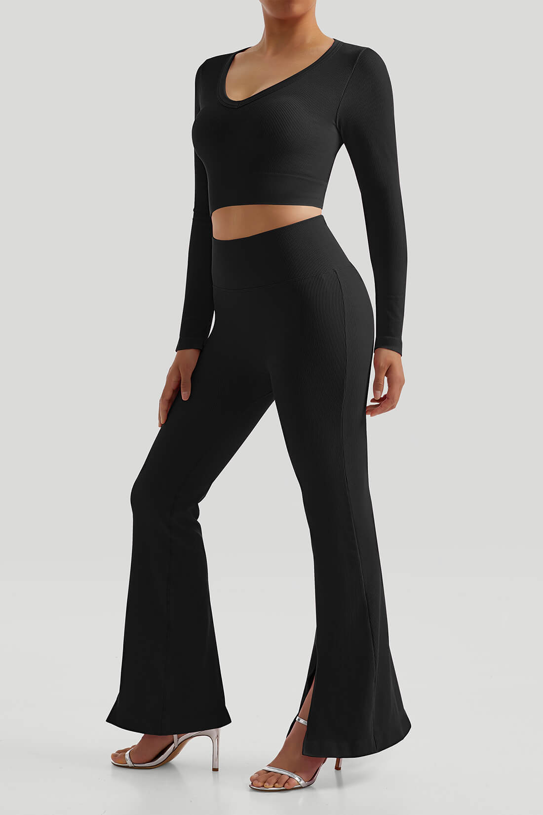 Threaded Long Sleeves Split Flare Pants Set