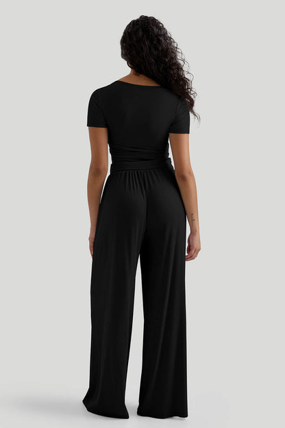 V-neck Casual Set With Wide Leg Pants