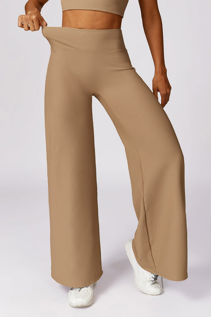 Micro Ribbed Solid Color Wide Leg Pants
