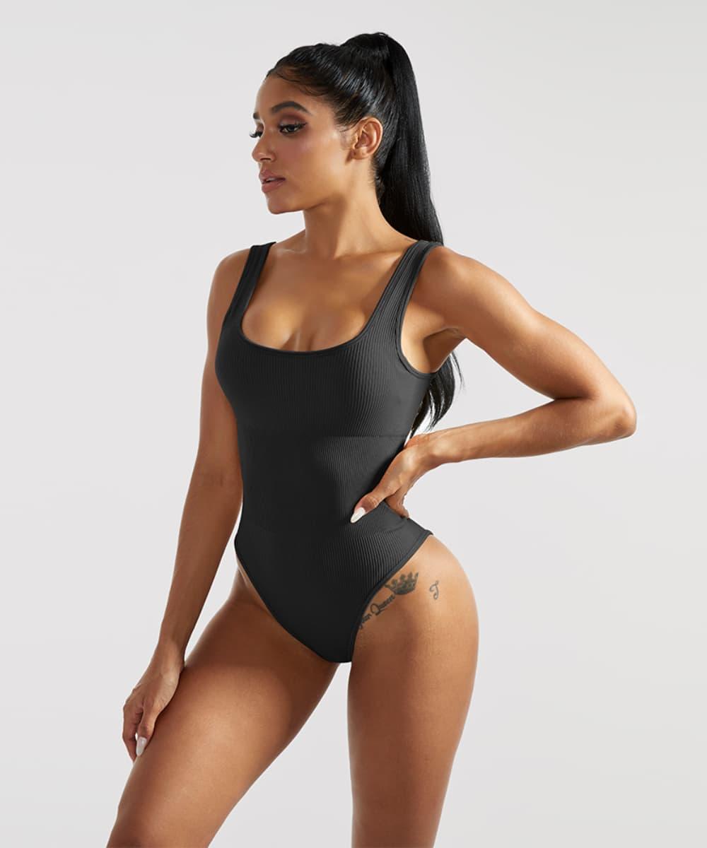 Ribbed Tummy Control Solid Color Sleeveless Seamless Bodysuit - MOOSLOVER
