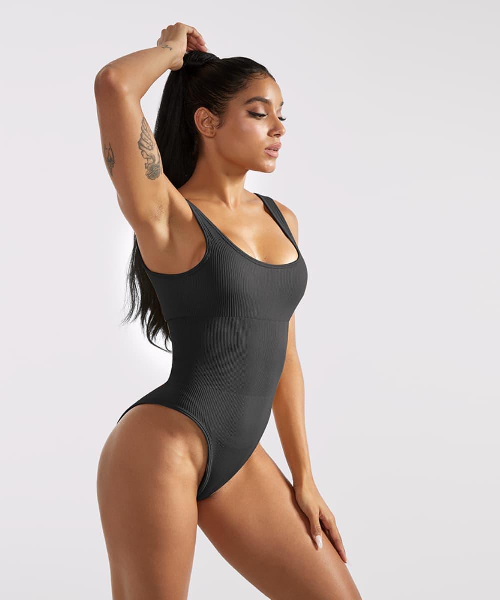 Ribbed Tummy Control Solid Color Sleeveless Seamless Bodysuit - MOOSLOVER