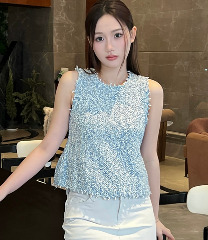 260315 New blue and white striped woolen pullover vest
