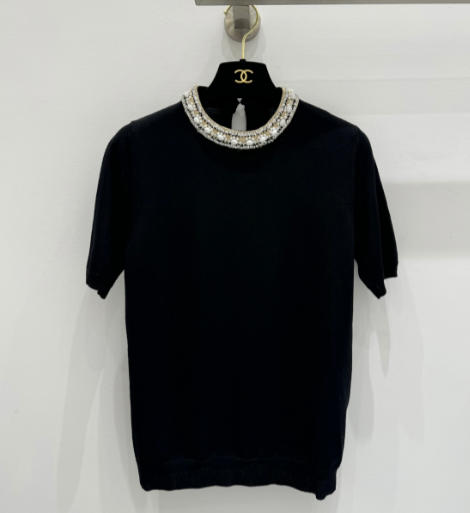 260315 New pearl collar neck knitted short-sleeved shirt