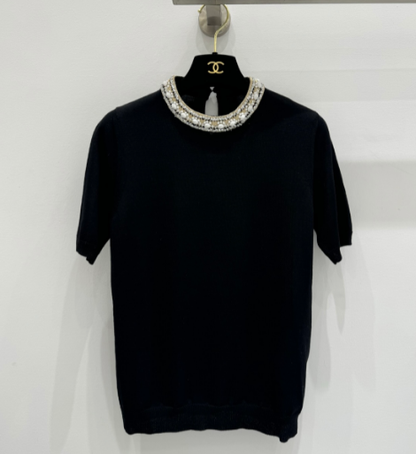 260315 New pearl collar neck knitted short-sleeved shirt