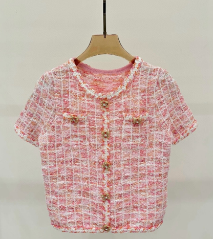 260315 New spring-autumn pink woolen blouse-style short-sleeved shirt