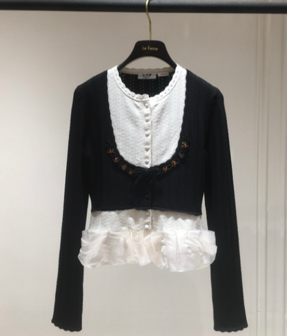 260315 New spring-autumn style heavy-duty sequin color-matched patchwork knitted cardigan