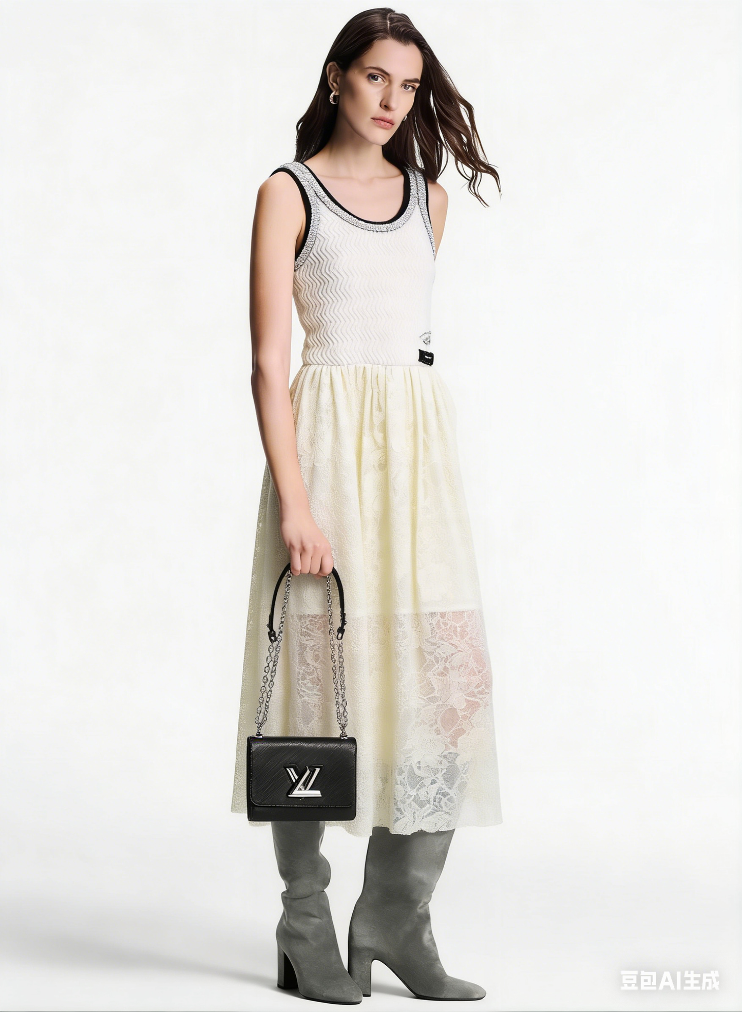 260315 New style round-neck bead-embroidered lace knitted dress