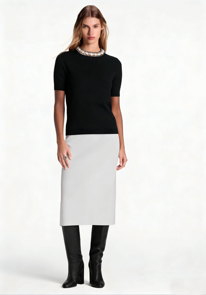 260315 New pearl collar neck knitted short-sleeved shirt