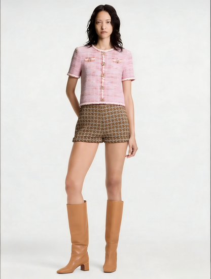 260315 New spring-autumn pink woolen blouse-style short-sleeved shirt