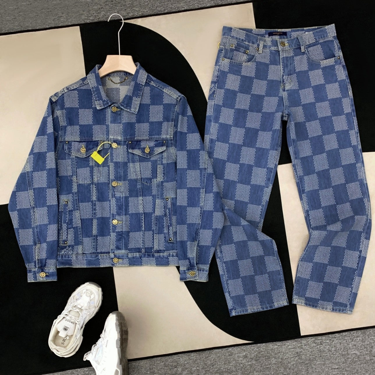 0717 Classic plaid style denim suit