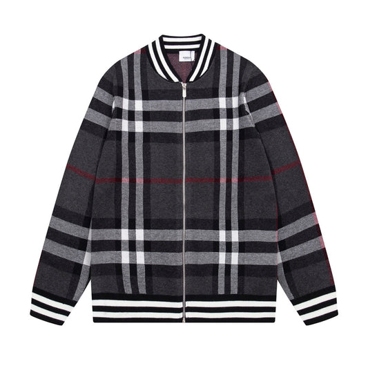 1014 Color-matching plaid zipper jacket