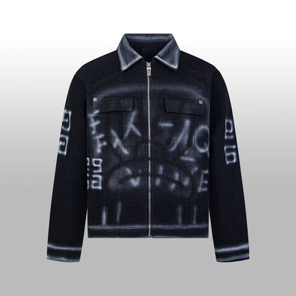 1014 High quality picture shot graffiti dark denim jacket