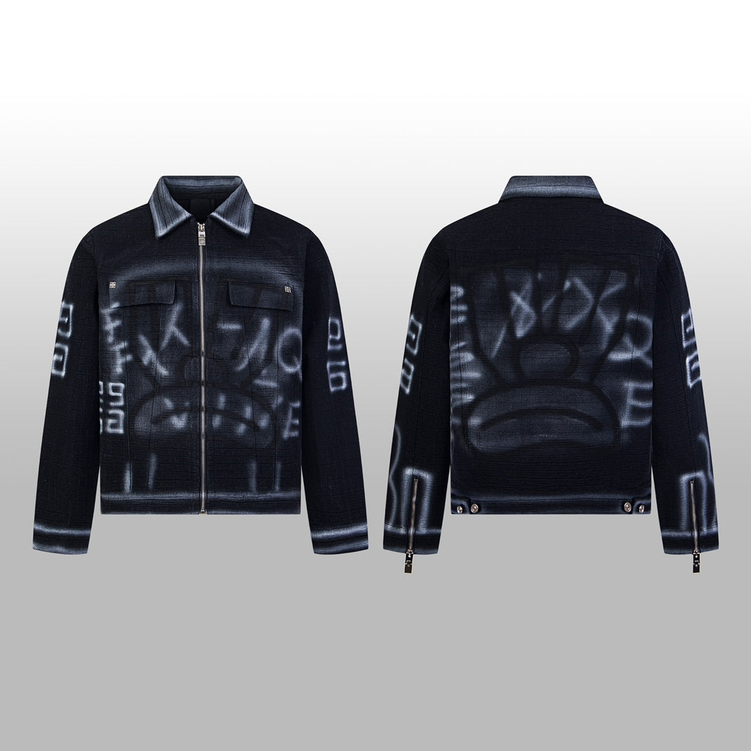 1014 High quality picture shot graffiti dark denim jacket