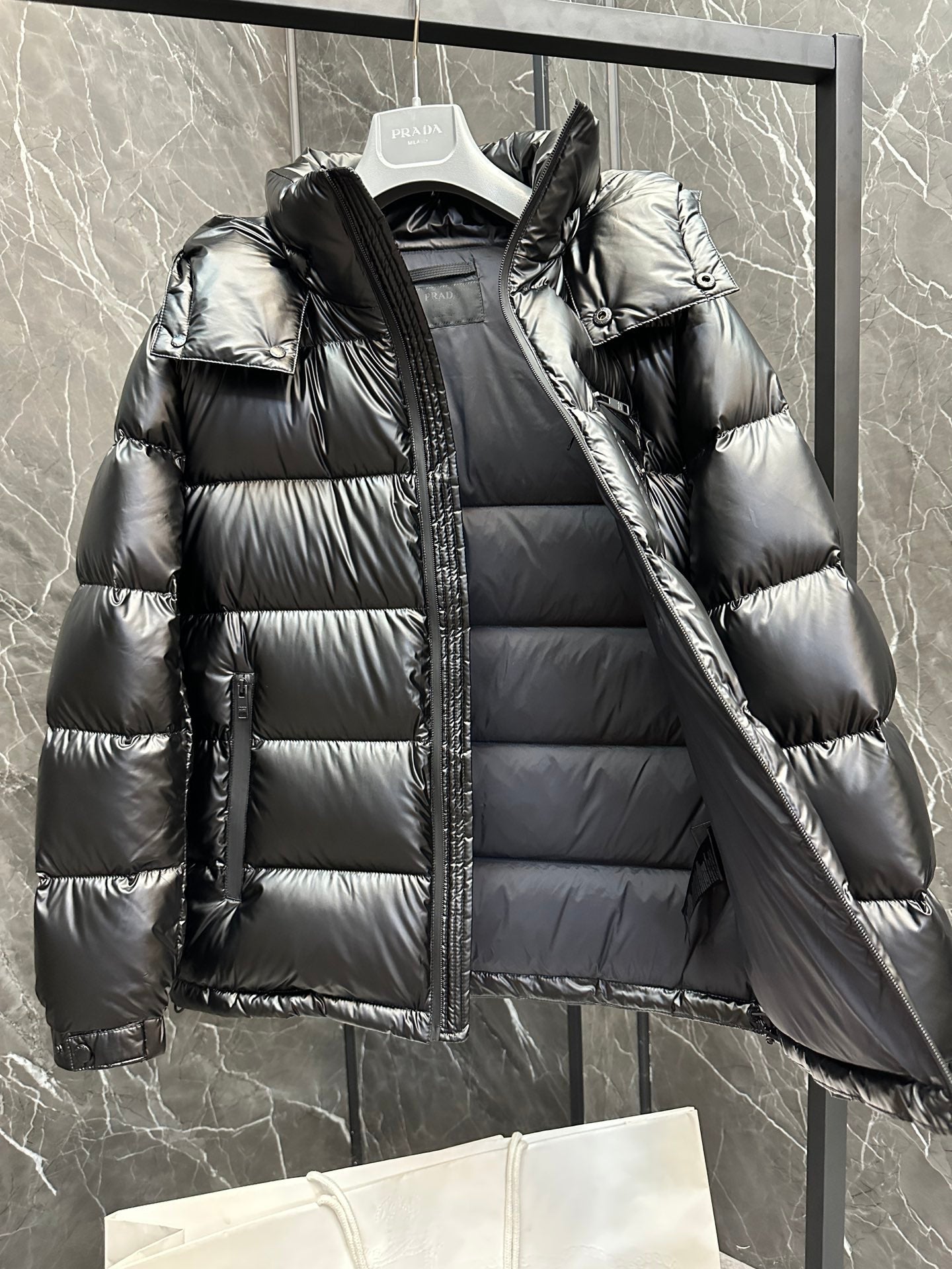 1021 New black techno-leather down jacket