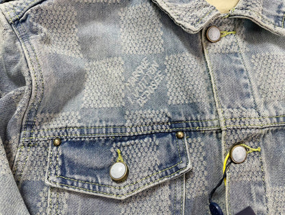 1105 New limited edition checkerboard patchwork washed blue denim jacket jeans set