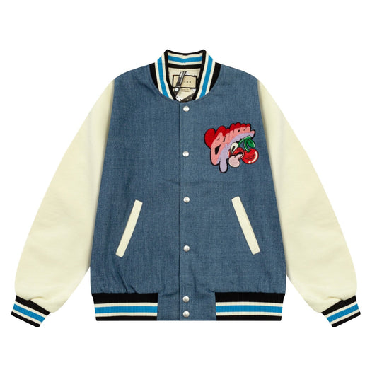 1111 New top of the line cherry embroidered denim patchwork baseball jacket