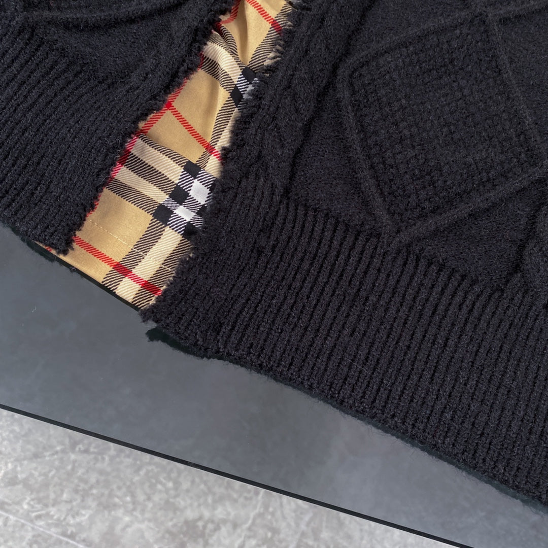1219 New black patchwork classic plaid ripped craft sweater